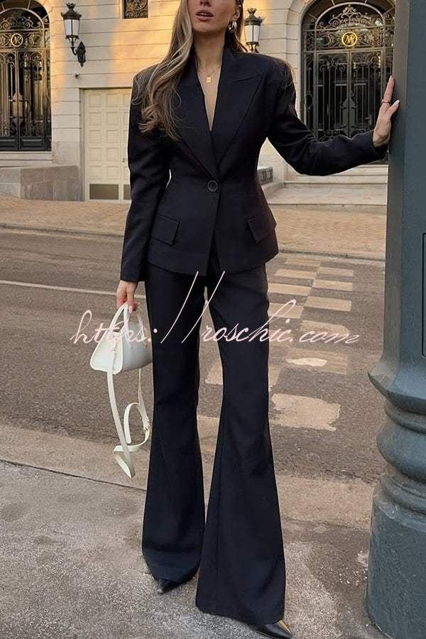 Solid Color Long-sleeved Single-button Blazer and Pocket Casual Flared Pants Set