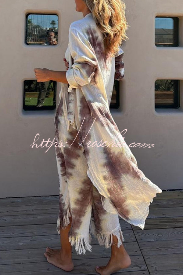 Kailani Linen Blend Tie-dye Print Irregular Hem Duster Kimono