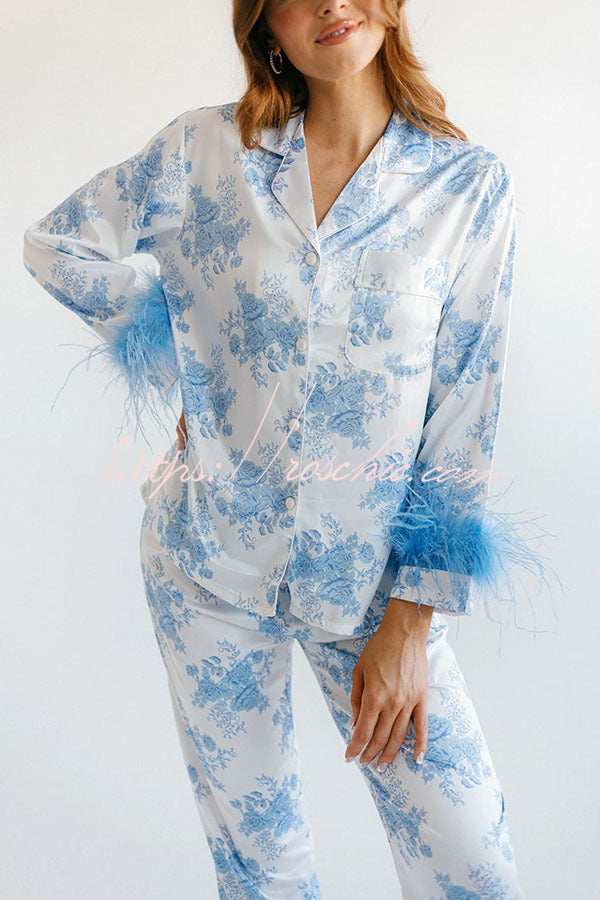 Sweet Daydreamer Floral Printed Feather Trim Elastic Waist Pocketed Pajama Set