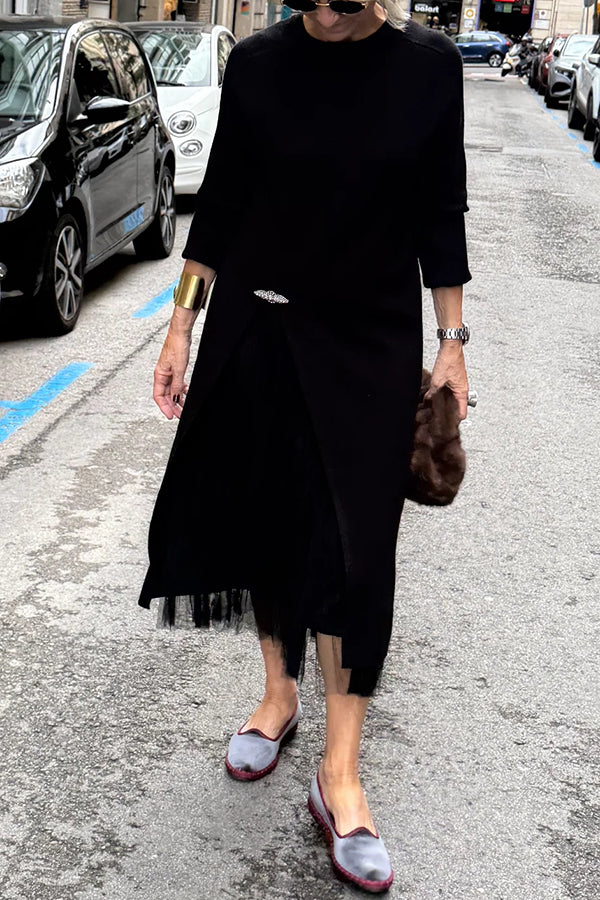 Jollie Knit Long Sleeve Front Slit Midi Sweater and Pleated Tulle Stretch Tank Midi Dress Two-piece