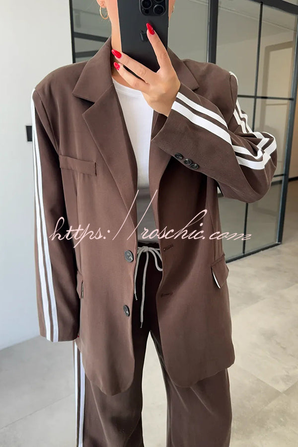 Levvie Striped Trim Long Sleeve Lapel Blazer and Rope Belt Pocketed Wide Leg Pants Set