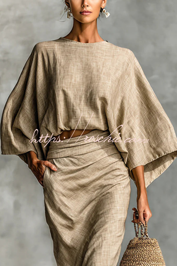 Linen Blend Batwing Sleeve Loose Top and Casual Pocket Maxi Skirt Set