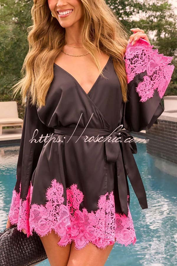 Joyful Bond Satin Lace Trim Contrast Color Bell Sleeve Tie-up Kimono Mini Dress