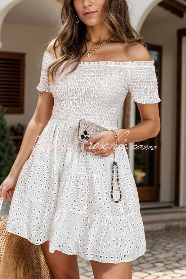 Solid Color Off Shoulder Embroidered Cutout Gathered Mini Dress