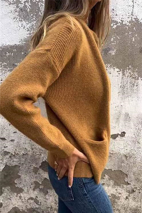 Solid Color Long Sleeve Zipper Pocket Casual Knitted Cardigan