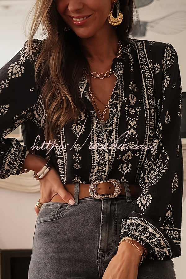 Unique Print Long-Sleeved Button-Up Elegant Shirt