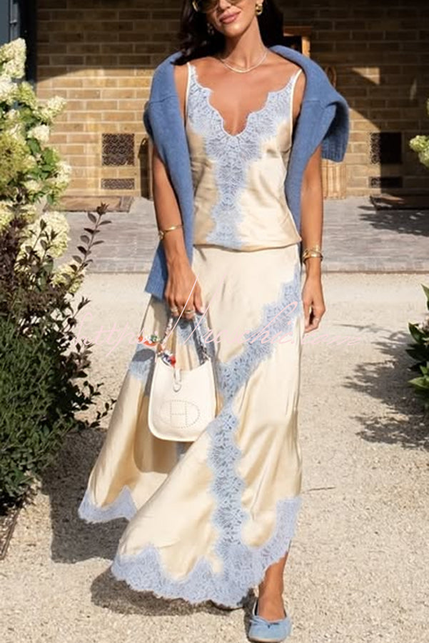 Wine Tasting Contrast Color Satin Lace Trim V-Neck Slip Tank (Shipped Within 24 Hours)