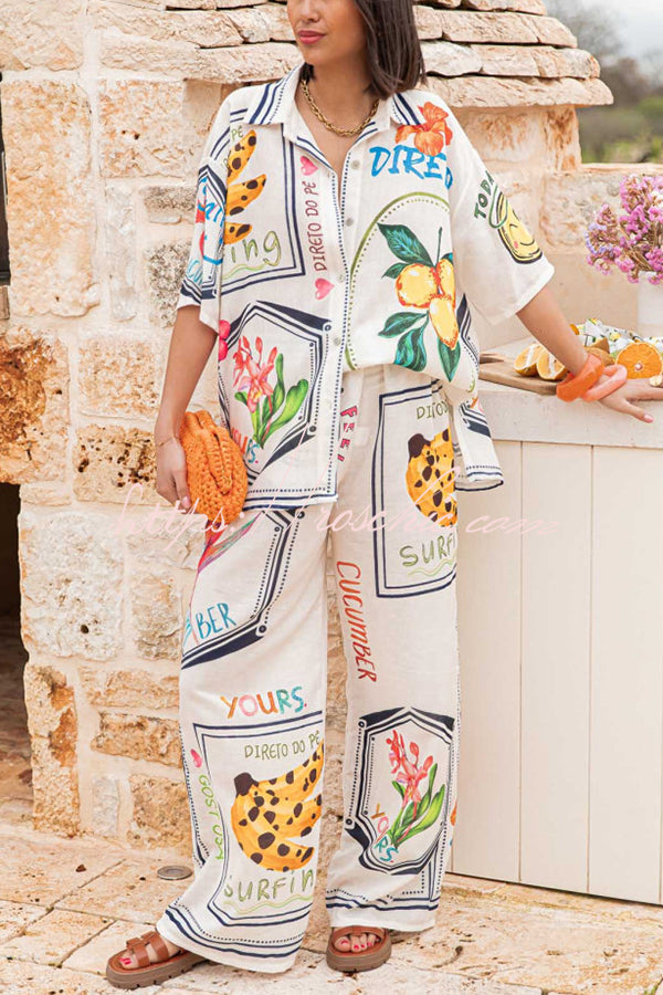 Summer Plant Fruit Print Casual Short Sleeve Shirt and Elastic Waist Loose Wide Leg Pants Set