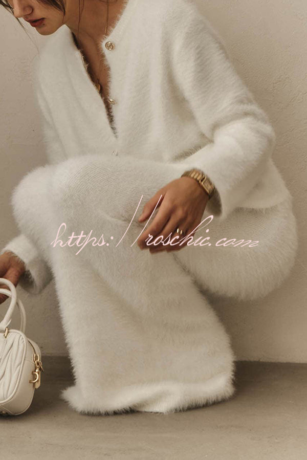 Solid Color Long-sleeved Button-pocket Knitted Jacket and Elegant Long Skirt Set