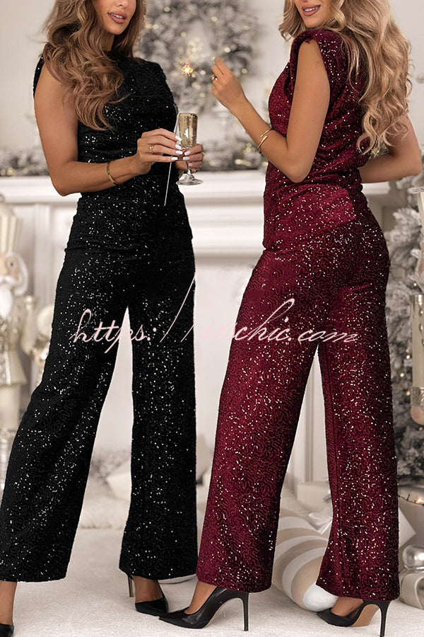 Stylish Sparkly Velvet Sequin Sleeveless Pleated Top and Casual Wide-leg Pants Set