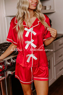 Sweet Dreams Satin Bow Detail Elastic Waist Pajama Shorts Set