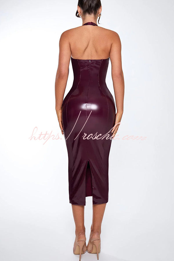 Fantasy Silhouette Shiny Faux Leather Halter Neck Stretch Midi Dress