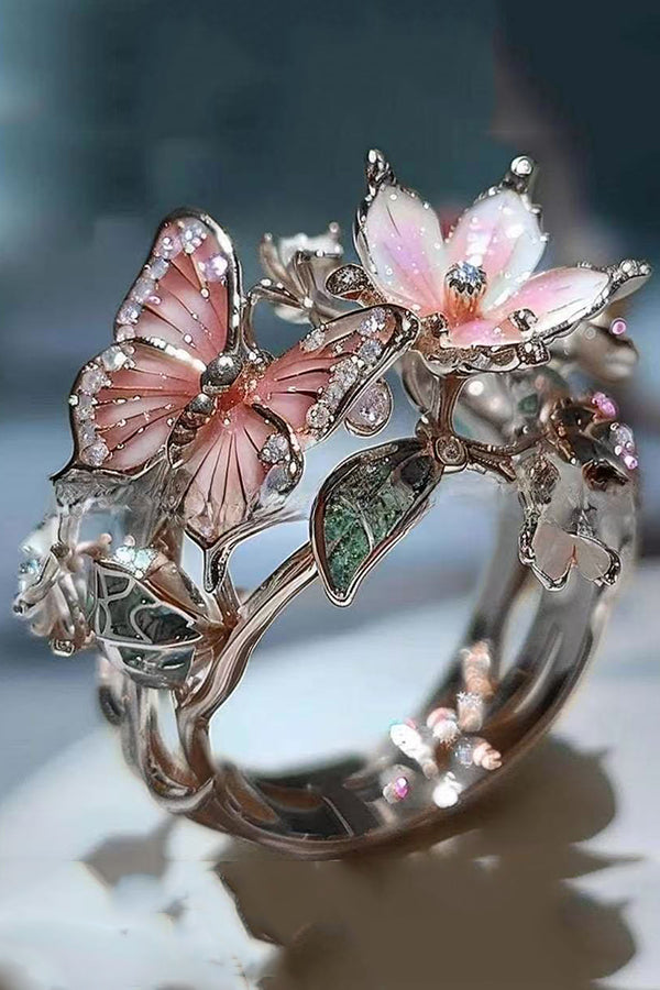 Colorful Butterfly and Flower Decoration Open Ring