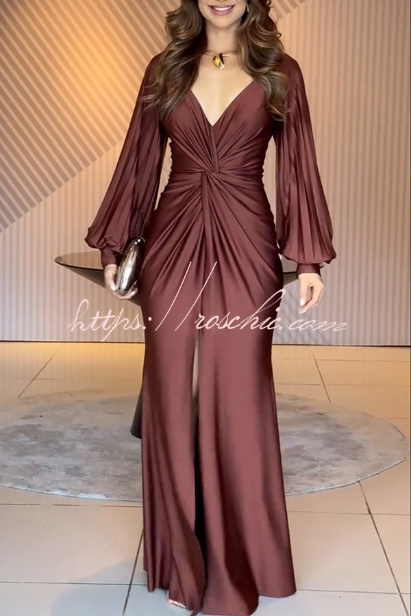 satin twist bodice maxi dress with blouson sleeves Metallic Twist Front Long Sleeve Maxi Dress (Women)