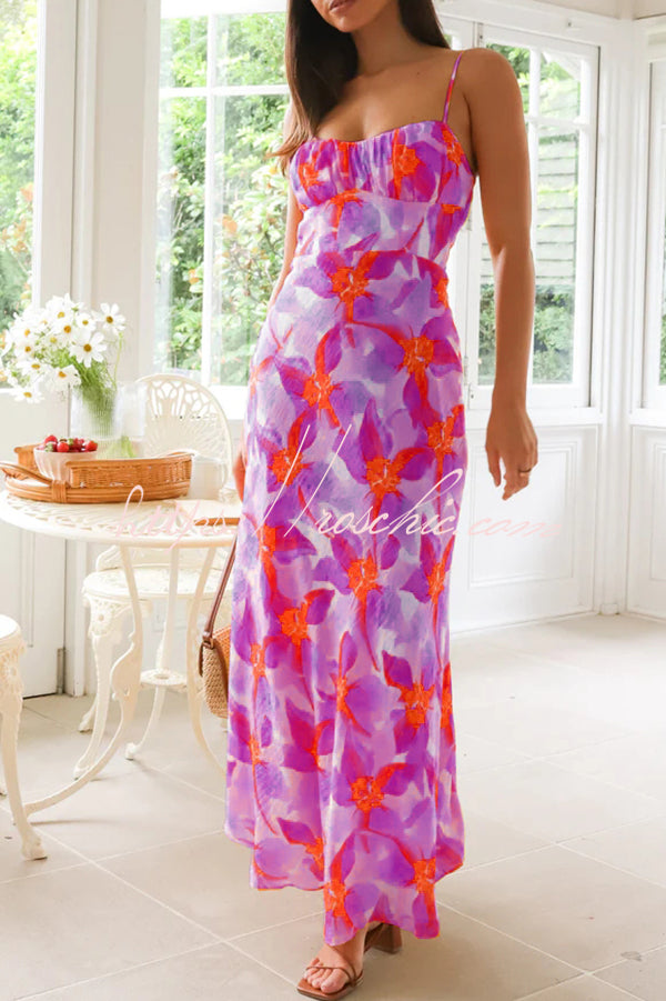 Debbie Floral Print Gathered Open Back Strappy Maxi Dress