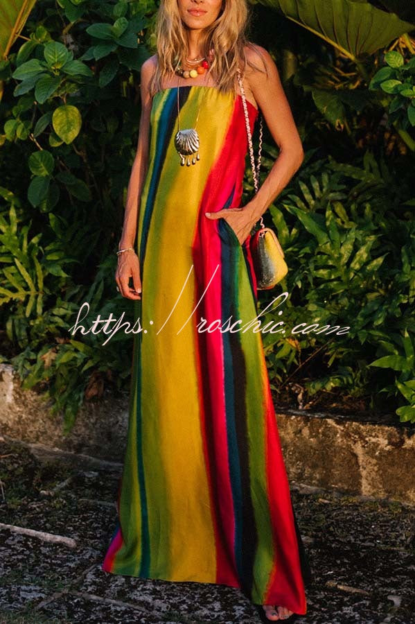 Artistic Rainbow Satin Watercolor Print Off Shoulder Pocketed H-line Maxi Dress