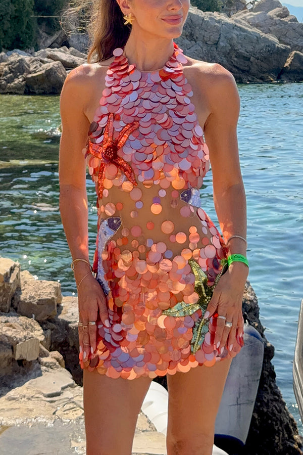 Dorothy Large Sequin Fish and Starfish Embroidery Detail Halter Mini – roschic