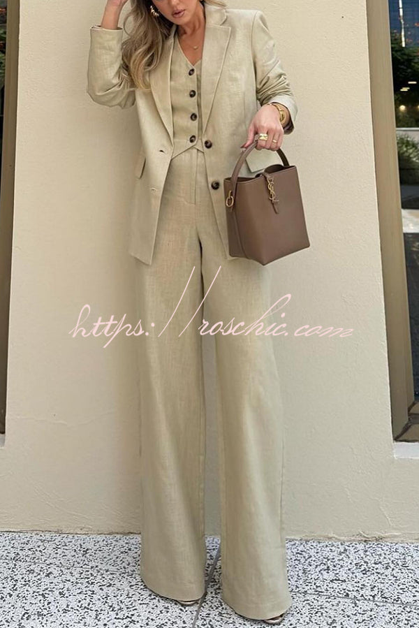 Solid Color Lapel Blazer + Slim Waistcoat and Pocket Wide-leg Pants Three-piece Set