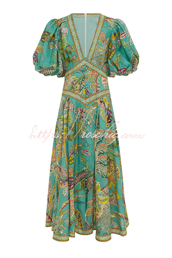 Chic Vacation Linen Blend Unique Print Button Puff Sleeve Pocket Maxi Dress