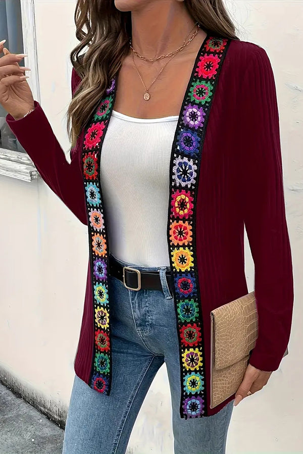 Bohemian Style Floral Edge Long Sleeve Casual Knitted Cardigan