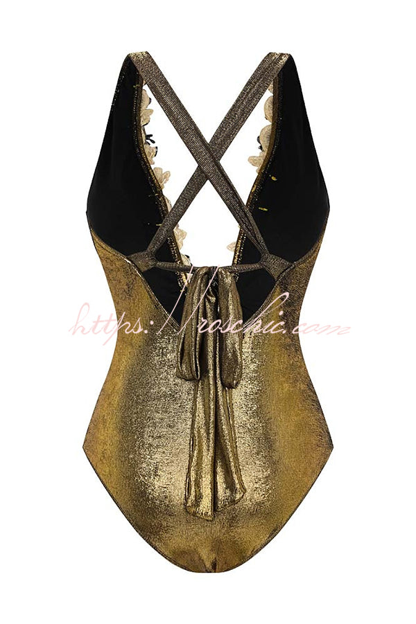 Solid Color Shiny Fabric Deep V Metal Embellished Stretch One-piece Swimsuit