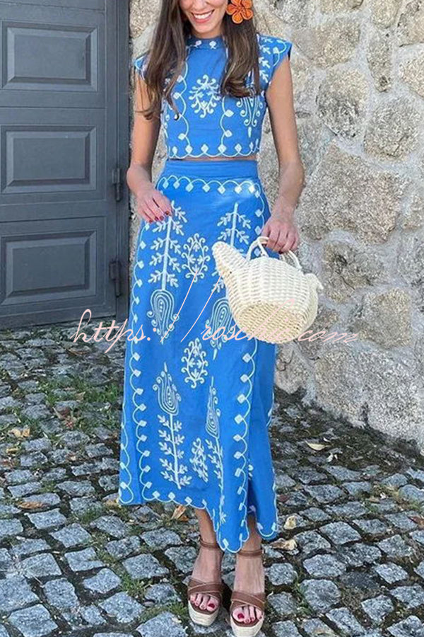 Rima Linen Blend Ethnic Print Crop Top & Tire-up Wrap Midi Skirt Set