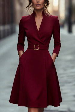 mens formal evening dress shirts Solid Color V-neck Fitted Waist Long Sleeve Elegant Midi Dress – roschic