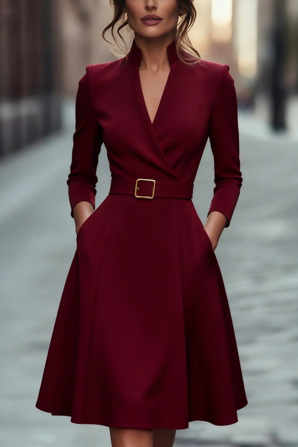 Modern Elegant Stand Collar A-Line Dress Wine Red / XL Modern Elegant Stand Collar A-Line Dress Wine Red / XL