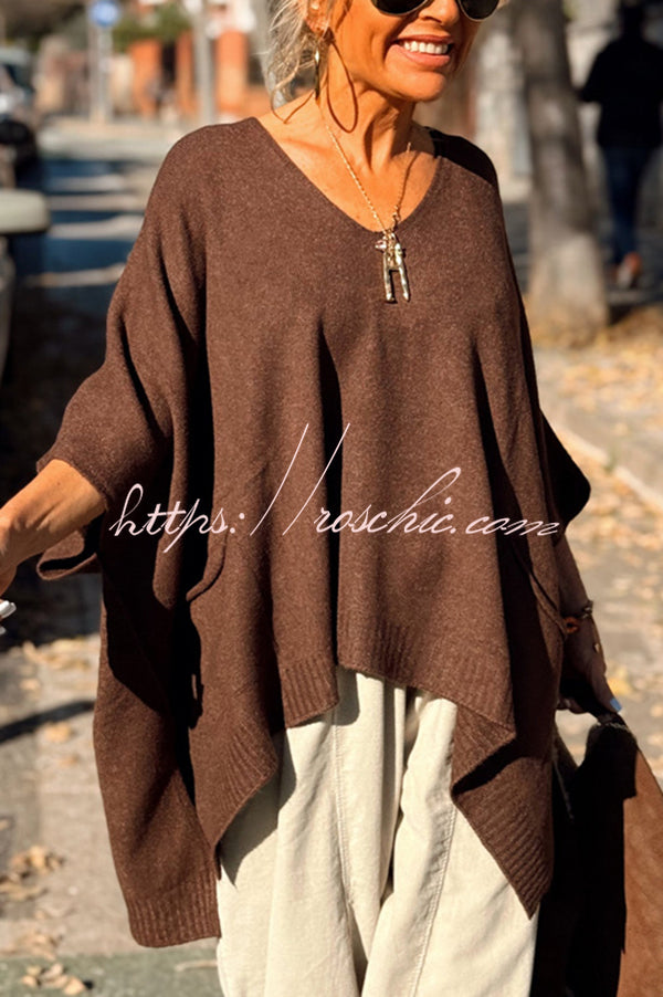 Fashion V-neck Loose Pocket Mid-length Knitted Sweater
