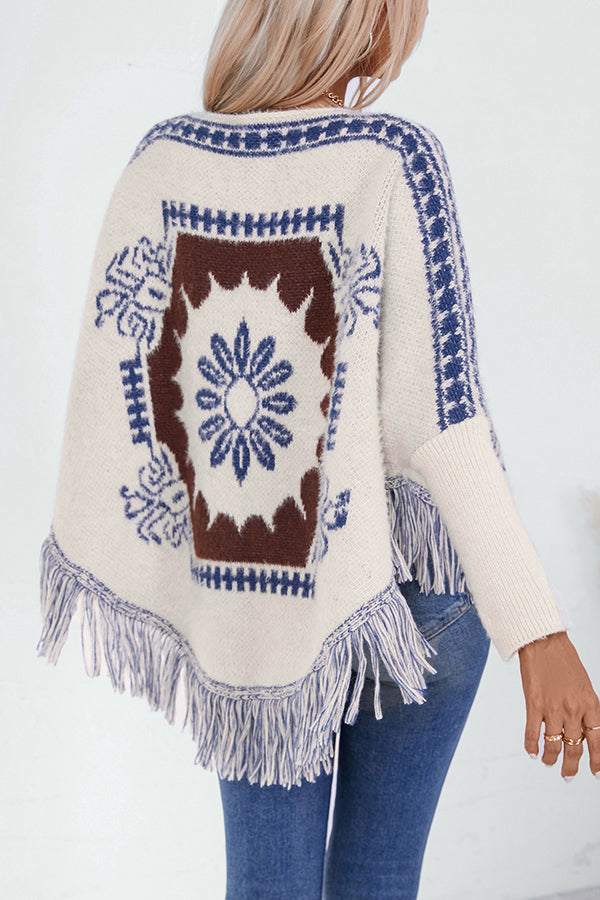 Ethnic Style Loose Long-sleeved Tassel Hem Knitted Sweater