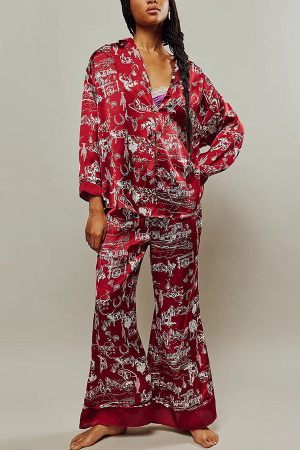 Unique Printed Lounge Long-sleeved Shirt and Elastic Waisted Baggy Pants Set