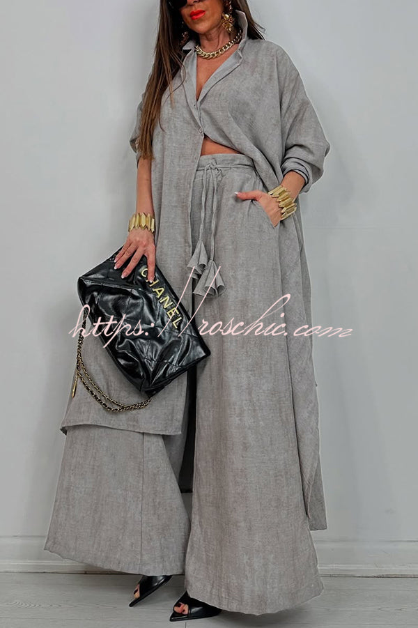 Solid Color Casual Loose Long Shirt and Elastic Waist Pocket Wide Leg Pants Set