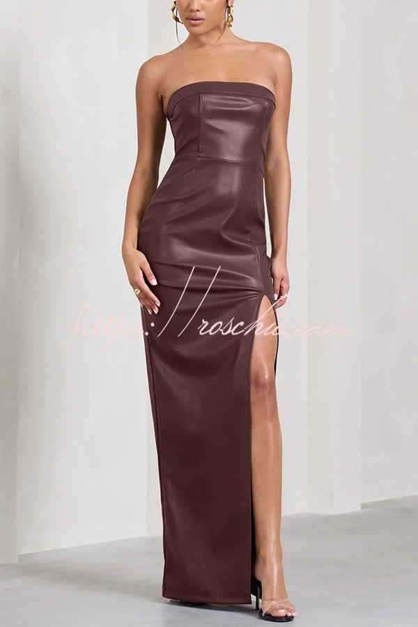 Sexy Meaning Faux Leather Strapless Bandeau Split Maxi Dress