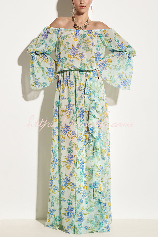 Joyful Journeys Off Shoulder Floral Print Elastic Waist Ruffle Maxi Dress