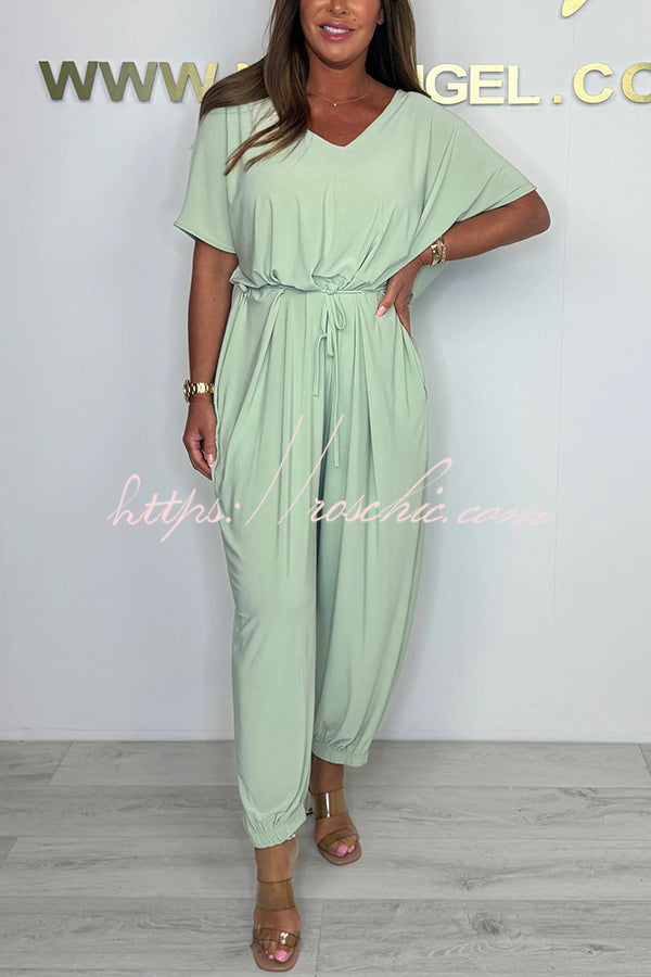 Solid Color V-neck Short-sleeved Waist-tied Loose Casual Jumpsuit