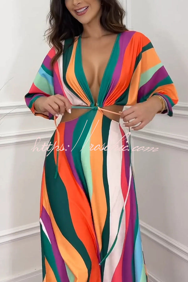 Wilma Unique Print Cutout Elastic Waist Tie-up Kimono Sleeve Maxi Dress