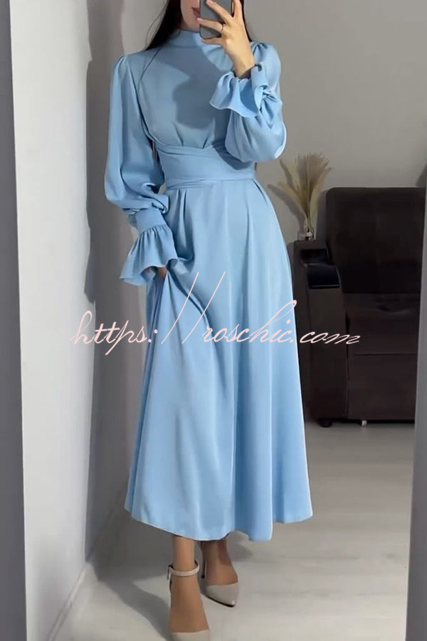 Solid Color Ruffled Sleeves Waisted Tie Slim Fit Maxi Dress