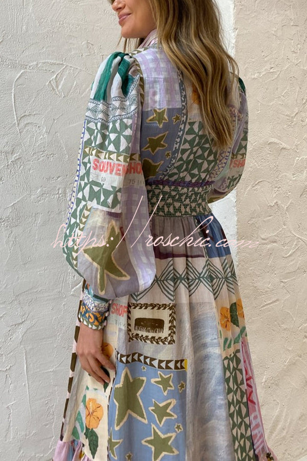 Playfully Chic Unique Print Balloon Sleeve Smocked Waist Shirt Midi Dress