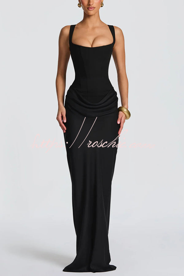 Larrah Square Neck Back Lace-up Satin Drape Hem Maxi Dress