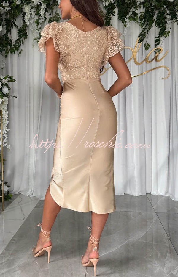beige ruched midi dress ZAPAKA Women Beige Work Dress Sheath Beaded Round Neck Short Sleeve Ruched Midi Semi Formal Dress, Beige / US12 main image 0