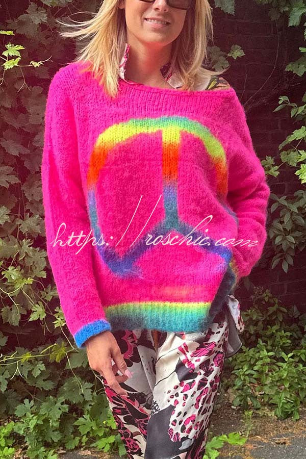 Love and Peace Knit Rainbow Pattern Loose Pullover Sweatershirt