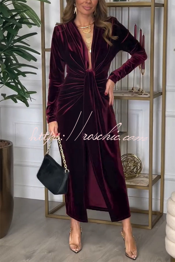 Creating Romance Velvet Ruched Drape Long Sleeve Stretch Maxi Dress