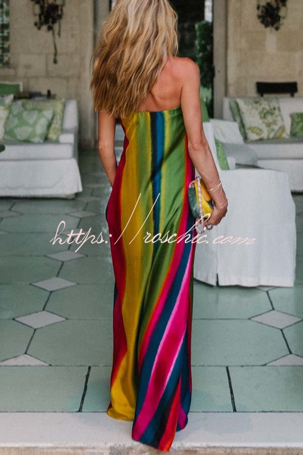 Artistic Rainbow Satin Watercolor Print Off Shoulder Pocketed H-line Maxi Dress