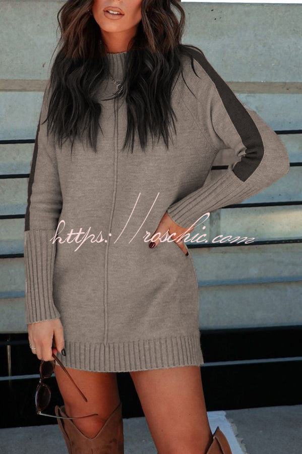 Dbfbdtu Knitted Turtleneck Slit Long Sleeved Mini Dress