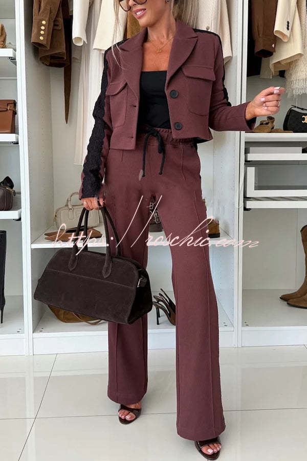 Fashion Lace Panel Long-sleeved Crop Top and Elastic Waist Tie Pocket Casual Pants Set