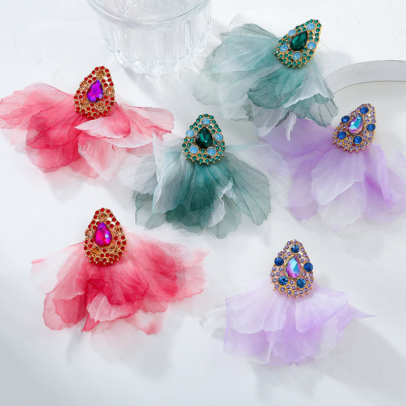 Bohemian Drop-shaped Diamond Fabric Floral Earrings