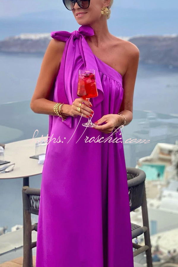 Beach Party Satin One Shoulder Bow Detail Loose Maxi Dress