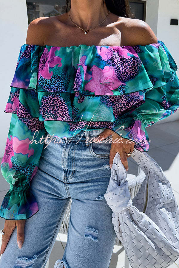 Colorful Botanical Print Sexy Off-shoulder Ruffle Top