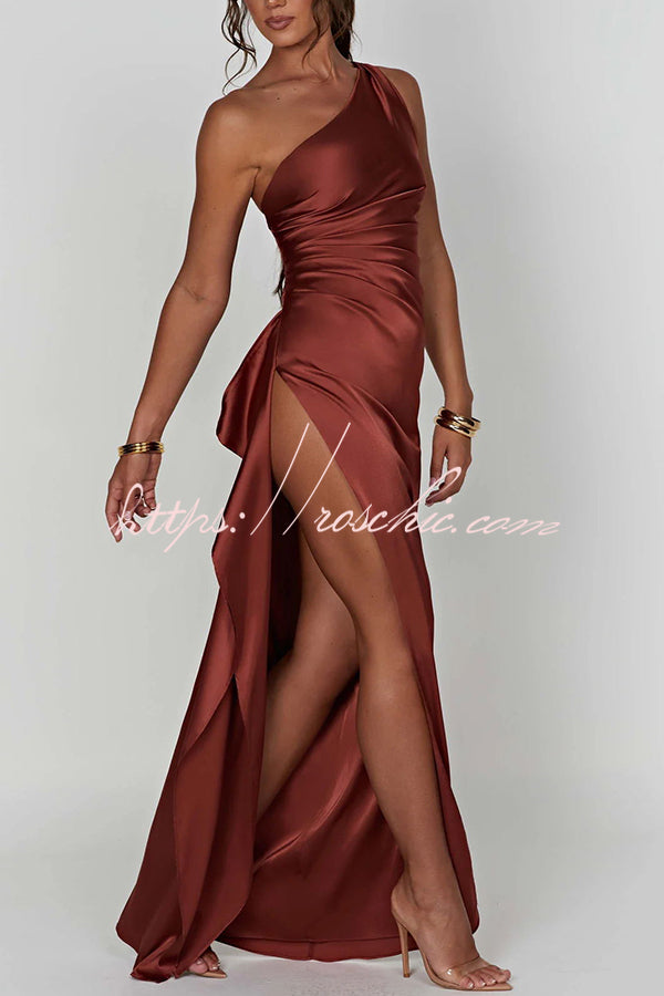 Fits Your Curves Satin One Shoulder Drape Slit Maxi Dress