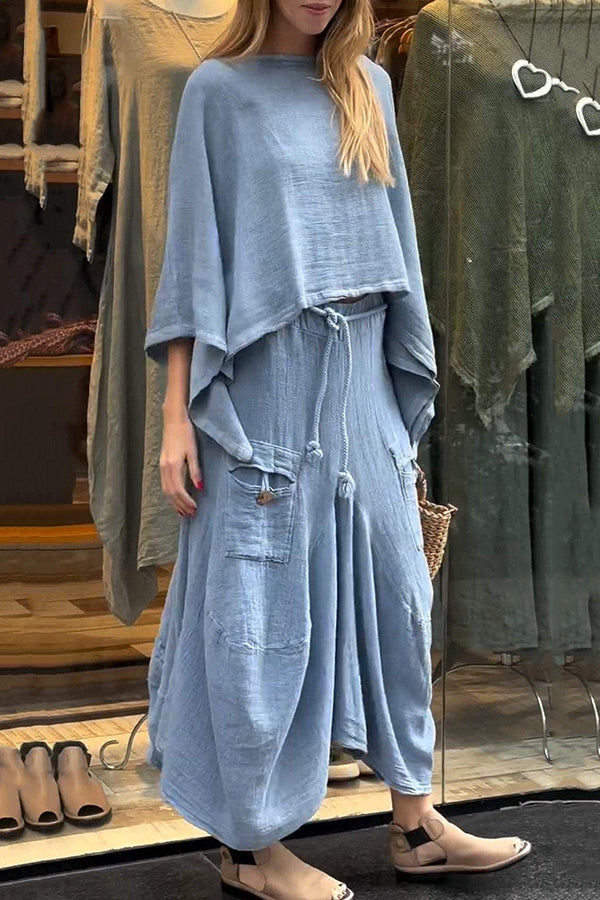 Solid Color Loose Round Neck Top and Elastic Waist Tie Casual Maxi Skirt Set